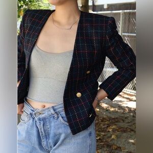 VTG Jones New York Navy Plaid Double Breasted Blazer 12 Cropped Preppy Y2K 90s